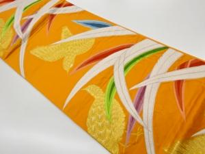 芝に鳥模様織出し袋帯